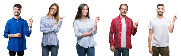 Collage Young People White Isolated Background Big Smile Face Pointing — Stock Photo, Image