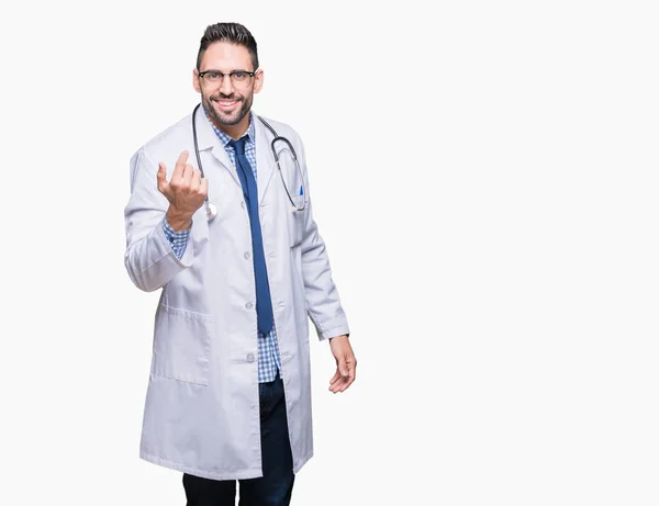 Yakışıklı Genç Doktor Adam Beckoning Gel Burada Mutlu Gülümseyerek Davet — Stok fotoğraf