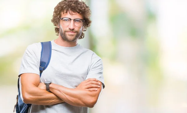 Hombre Estudiante Hispano Guapo Con Mochila Gafas Sobre Fondo Aislado —  Fotos de Stock