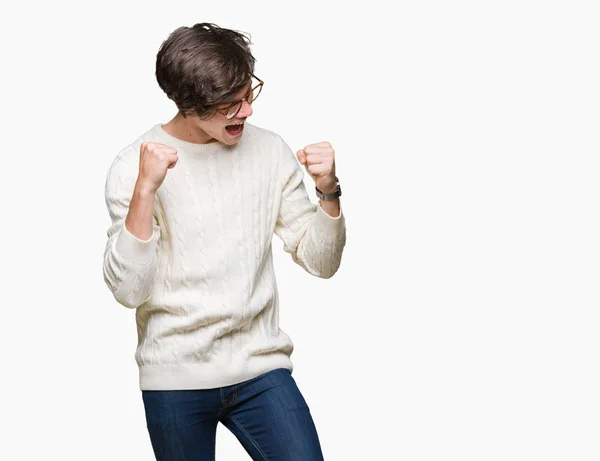 Joven Hombre Guapo Con Gafas Sobre Fondo Aislado Muy Feliz — Foto de Stock