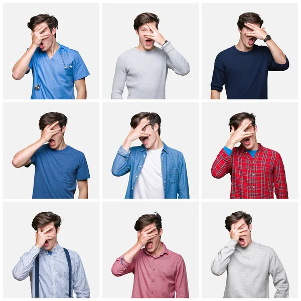 Collage Young Man White Isolated Background Peeking Shock Covering Face — Stock Photo, Image