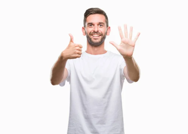 Young Handsome Man Isolated Background Showing Pointing Fingers Number Six — Stock Photo, Image