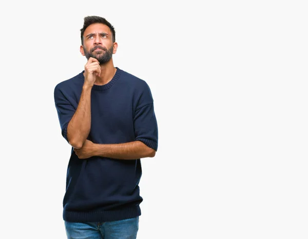 Adult Hispanic Man Isolated Background Hand Chin Thinking Question Pensive — Stock Photo, Image