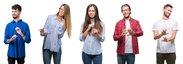 Collage Young People White Isolated Background Disgusted Expression Displeased Fearful — Stock Photo, Image