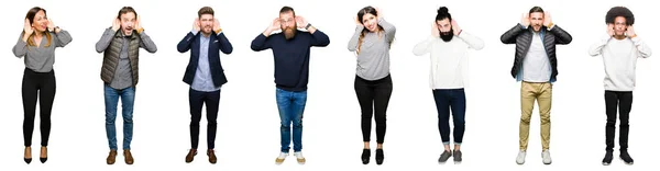 Collage People White Isolated Background Trying Hear Both Hands Ear — Stock Photo, Image