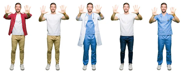 Collage Attractive Young Man White Isolated Background Showing Pointing Fingers — Stock Photo, Image