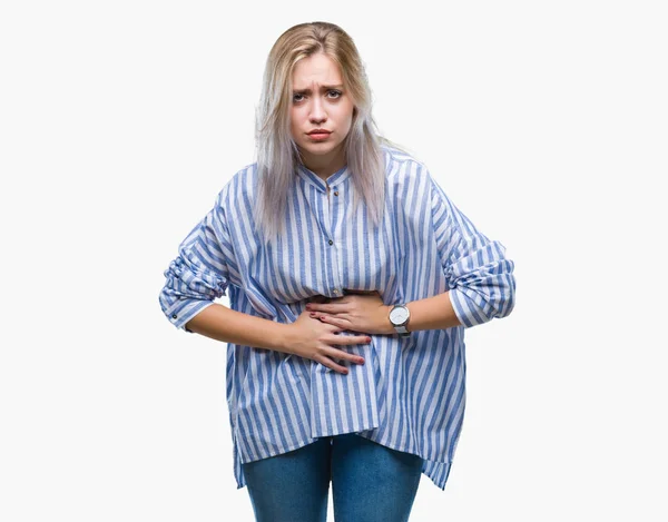 Młoda Blondynka Białym Tle Ręką Żołądek Bolesne Choroby Złe Samopoczucie — Zdjęcie stockowe