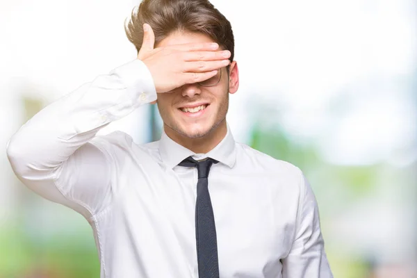 Young Business Man Wearing Glasses Isolated Background Smiling Laughing Hand — Stock Photo, Image