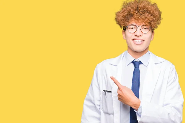 Young Handsome Scientist Man Wearing Glasses Cheerful Smile Face Pointing — Stock Photo, Image