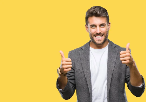 Joven Hombre Negocios Guapo Sobre Signo Éxito Fondo Aislado Haciendo —  Fotos de Stock