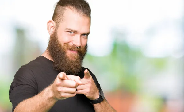 Young Blond Man Wearing Casual Shirt Pointing Fingers Camera Happy — Stock Photo, Image