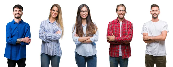 Collage Jóvenes Sobre Fondo Blanco Aislado Rostro Feliz Sonriendo Con —  Fotos de Stock