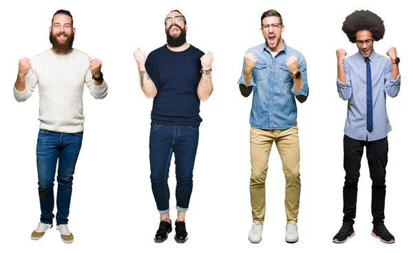 Kolaj Grup Gülümseyen Başarı Için Çığlık Genç Erkekler Üzerinde Beyaz — Stok fotoğraf