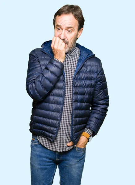 Middle Age Handsome Man Wearing Winter Coat Looking Stressed Nervous — Stock Photo, Image