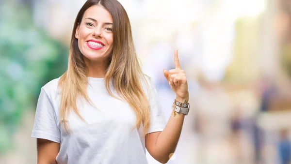 Joven Hermosa Mujer Casual Camiseta Blanca Sobre Fondo Aislado Señalando — Foto de Stock