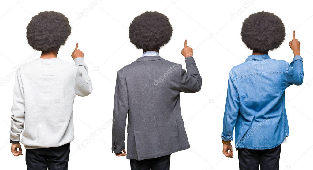 Collage of young man with afro hair over white isolated background Posing backwards pointing behind with finger hand