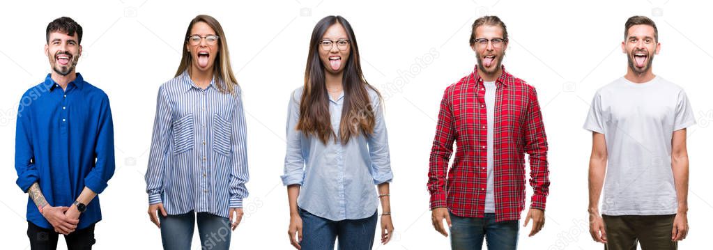 Collage of young people over white isolated background sticking tongue out happy with funny expression. Emotion concept.