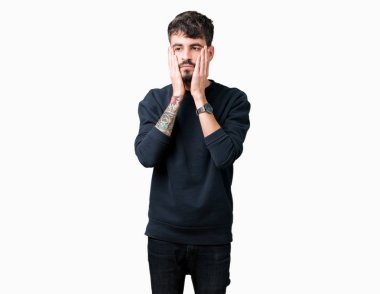 Yüz, depresyon ve üzüntü, kapsayan izole arka plan yorgun eller genç yakışıklı adam üzgün ve sorun için tahriş
