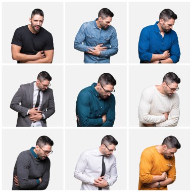 Yakışıklı adam kolaj izole mide üzerinde el ile arka plan çünkü mide bulantısı, ağrılı hastalık hasta hissediyor. Ağrısı kavramı.