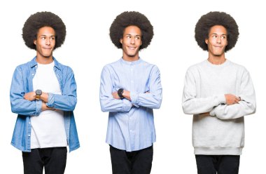 Görünümlü yan ve dik dik bakma uzağa düşünce gülümseyen beyaz izole arka plan üzerinde afro saçlı Genç adam kolaj.