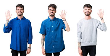 Kolaj gösterilen ve parmakları ile işaret izole arka plan üzerinde genç adamın kendinden emin ve mutlu gülümseyerek süre beş numara.