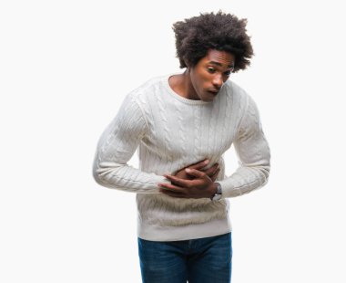 Afro Amerikan adam izole mide üzerinde el ile arka plan çünkü hazımsızlık, ağrılı hastalık hasta hissediyor. Ağrısı kavramı.