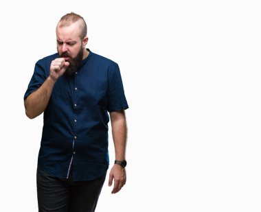 Duygu iyi ve soğuk veya bronşit için semptom olarak öksürük izole arka plan Genç beyaz hipster adam. Sağlık kavramı.