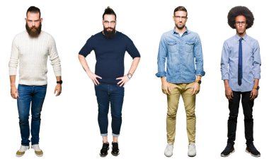 Kolaj Grup Genç üzerinde beyaz bir arka plan şüpheci ve sinir, papatyanın üzgün sorunu nedeniyle izole. Negatif kişi.