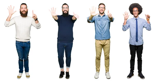 Коллаж Группы Молодых Людей Белом Изолированном Фоне Показывая Показывая Пальцами — стоковое фото
