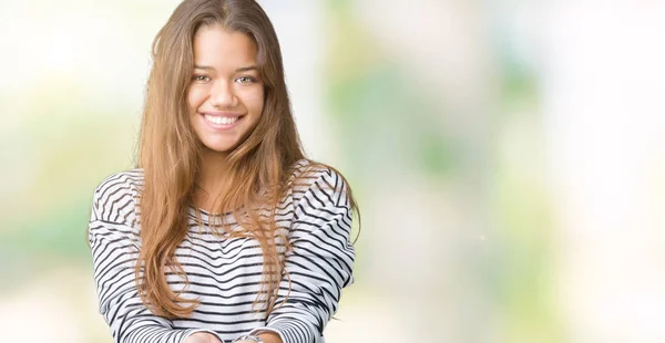 Jonge Mooie Brunette Vrouw Dragen Strepen Trui Geïsoleerde Achtergrond Smiling — Stockfoto