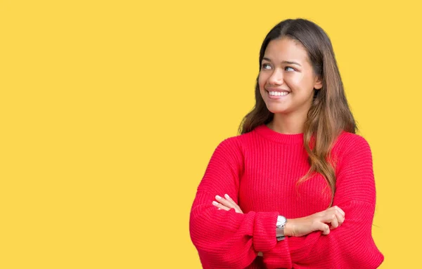 Jonge Mooie Brunette Vrouw Dragen Rode Winter Trui Geïsoleerde Achtergrond — Stockfoto