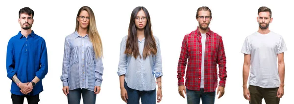 Collage Ungdomar Över Vit Isolerade Bakgrund Skeptiker Och Nervös Bistra — Stockfoto