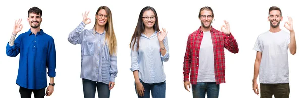 Collage Jóvenes Sobre Fondo Blanco Aislado Sonriendo Positiva Haciendo Signo —  Fotos de Stock