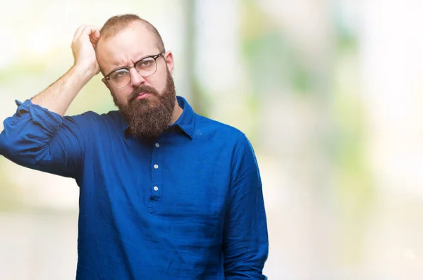 Joven Hombre Hipster Caucásico Con Gafas Sobre Fondo Aislado Confundir —  Fotos de Stock