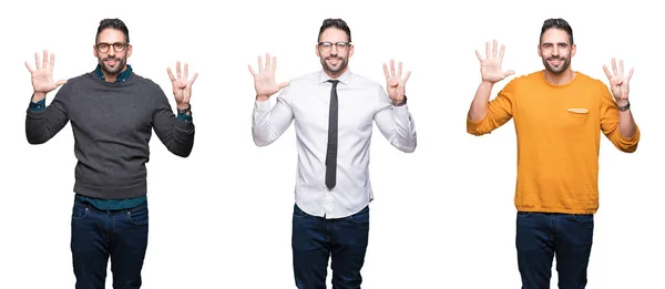 Colagem Homem Bonito Sobre Fundo Isolado Branco Mostrando Apontando Para — Fotografia de Stock