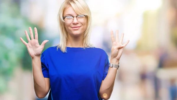 Jonge Mooie Blonde Vrouw Dragen Bril Geïsoleerde Achtergrond Weergeven Met — Stockfoto