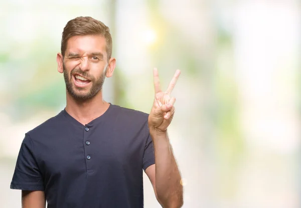 Jovem Homem Bonito Sobre Fundo Isolado Sorrindo Com Rosto Feliz — Fotografia de Stock