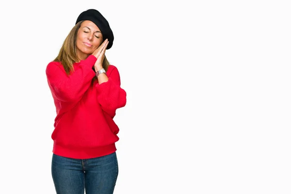 Erwachsene Frau Mittleren Alters Trägt Mode Baskenmütze Über Isoliertem Hintergrund — Stockfoto