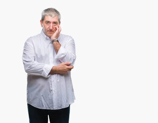 Bonito Homem Sênior Sobre Fundo Isolado Pensando Parecendo Cansado Entediado — Fotografia de Stock