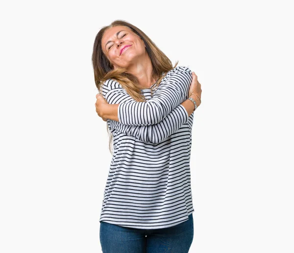 Beautiful Middle Age Woman Wearing Stripes Sweater Isolated Background Hugging — Stock Photo, Image