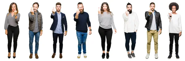 Collage Persone Sfondo Bianco Isolato Mostrando Dito Medio Maleducato Maleducato — Foto Stock