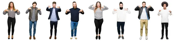 Koláž Lidí Přes Bílý Samostatný Pozadí Pointing Dolů Prsty Ukazující — Stock fotografie