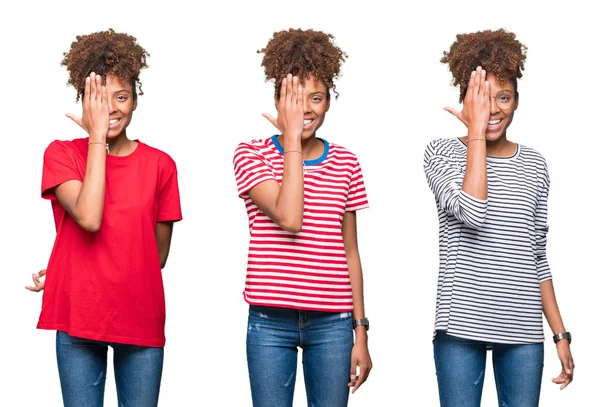 Collage Van Jonge Mooie Afrikaanse Meisje Geïsoleerde Achtergrond Die Betrekking — Stockfoto