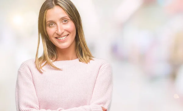 Jovem Mulher Bonita Vestindo Camisola Inverno Sobre Fundo Isolado Rosto — Fotografia de Stock