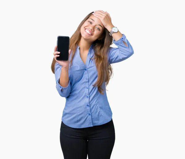 Young Beautiful Brunette Business Woman Showing Screen Smartphone Isolated Background — Stock Photo, Image