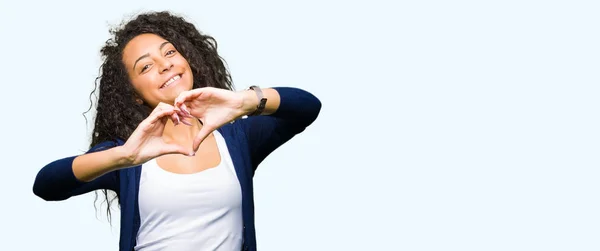 Young Beautiful Girl Curly Hair Smiling Love Showing Heart Symbol — Stock Photo, Image