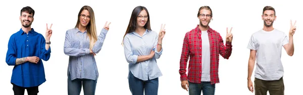 Collage Jóvenes Sobre Fondo Blanco Aislado Sonriendo Con Cara Feliz —  Fotos de Stock