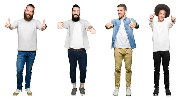 Collage Grupp Unga Män Över Vit Isolerade Bakgrund Godkänna Tummen — Stockfoto