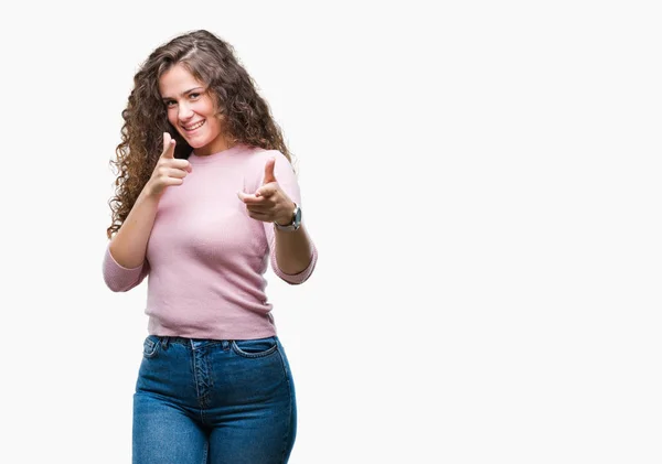 Beautiful Brunette Curly Hair Young Girl Wearing Pink Sweater Isolated — Stock Photo, Image