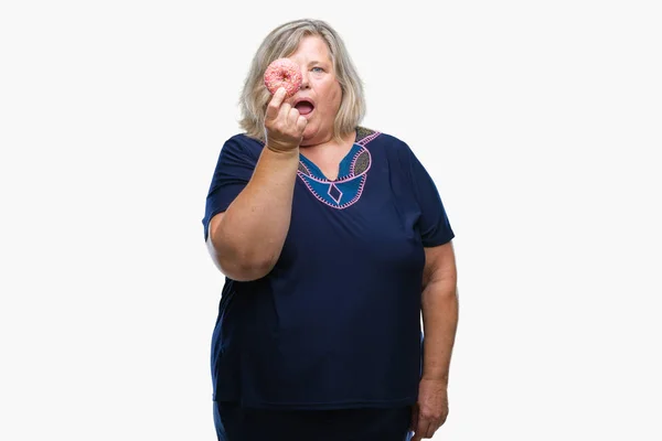 Senior Size Caucasian Woman Eating Sugar Donut Isolated Background Scared — Stock Photo, Image